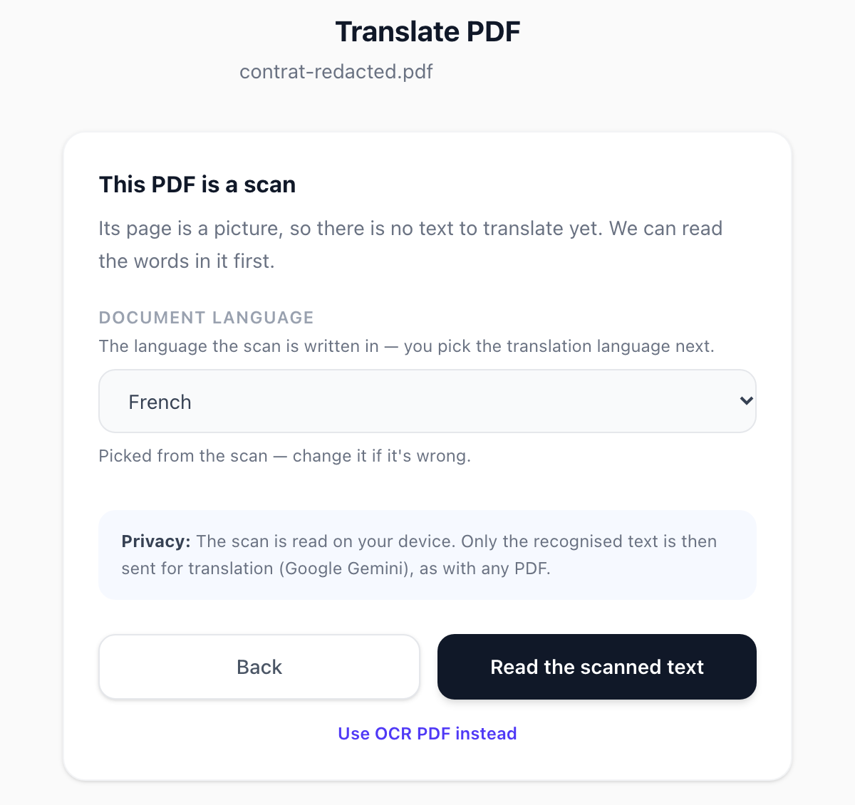 The Translate PDF screen showing a card titled This PDF is a scan, with French picked as the document language and a privacy note that the scan is read on the device