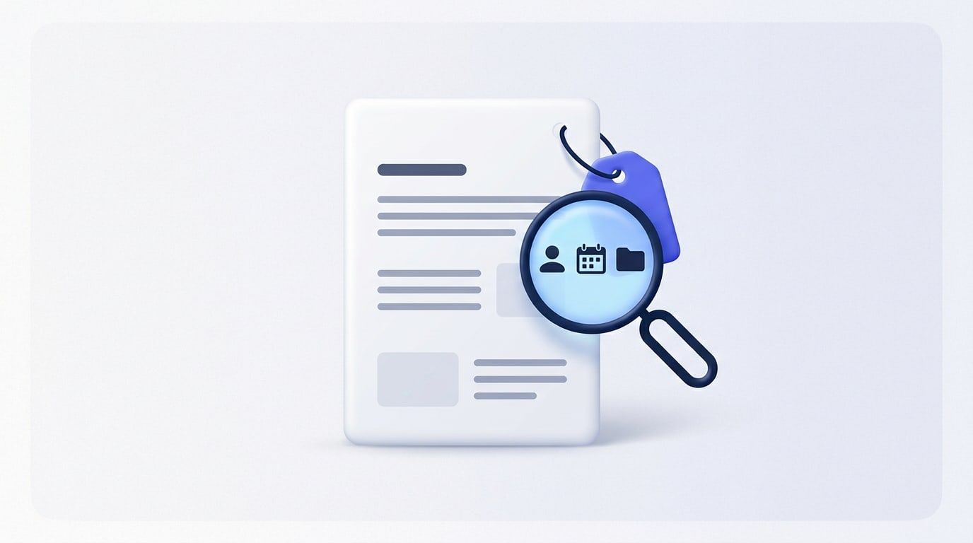 Illustration: a PDF page with a tag tied to its corner, and a magnifying glass over the tag showing a person icon, a calendar icon and a folder icon