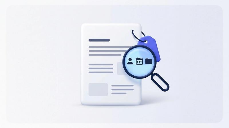 Illustration: a PDF page with a tag tied to its corner, and a magnifying glass over the tag showing a person icon, a calendar icon and a folder icon