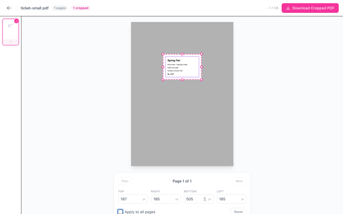 Crop PDF with a small entry ticket in the middle of an A4 page: the crop box is drawn tight around the ticket, the rest of the page is greyed out, and margins of 187, 185, 505 and 185 points are typed in below