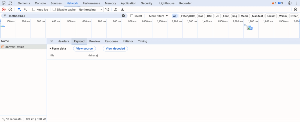 Chrome's Network panel filtered with -method:GET showing one request, convert-office, with its Payload tab open: Form data, file (binary)