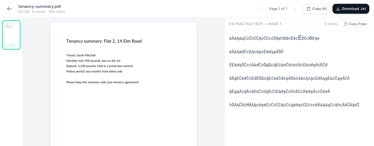 Extract Text showing a tenancy summary page that reads normally on the left and a panel of meaningless accented letters on the right