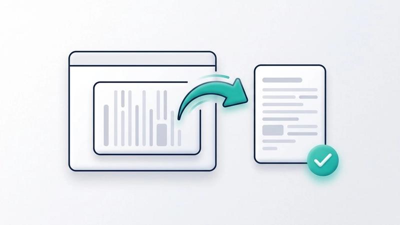 Illustration: a browser window with a document page lying on its side, and a curved teal arrow turning it into an upright page marked with a check mark