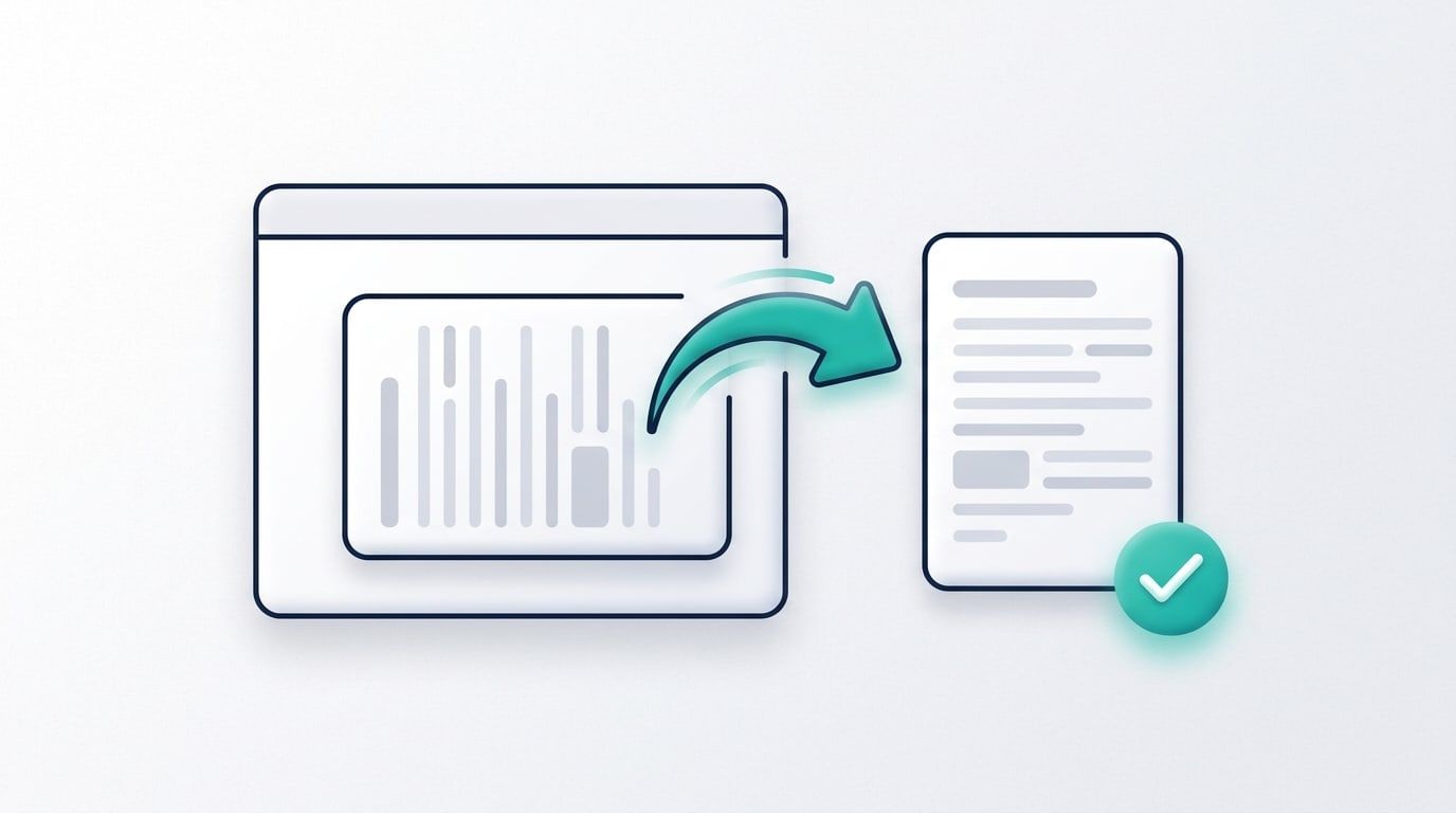 Illustration: a browser window with a document page lying on its side, and a curved teal arrow turning it into an upright page marked with a check mark