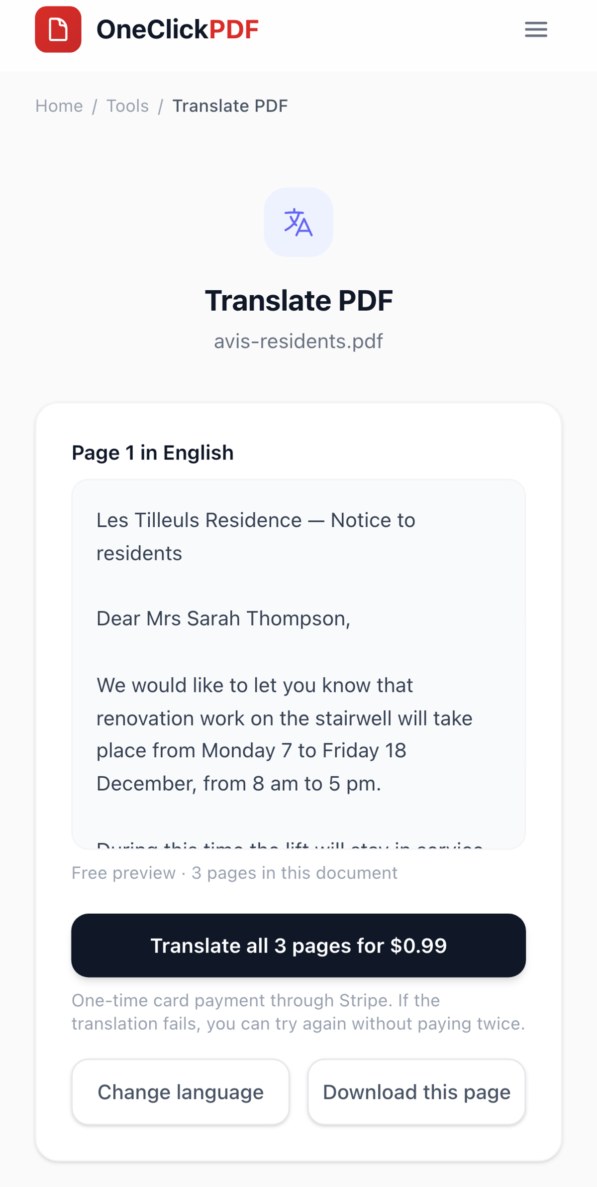 Translate PDF in Chrome on an Android-sized screen: page 1 of a French residents' notice shown in English, with a Translate all 3 pages for $0.99 button and buttons to change language or download this page