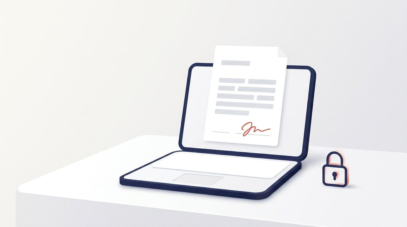 Illustration: an open laptop showing a document page with a handwritten signature on its signature line, beside a small padlock