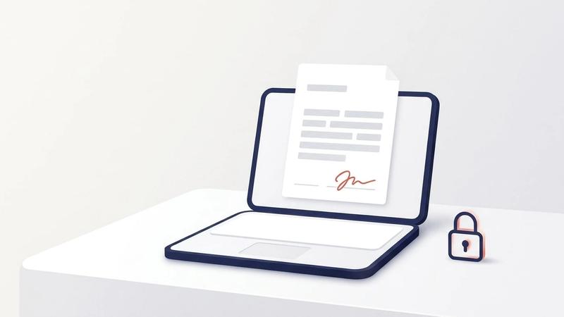 Illustration: an open laptop showing a document page with a handwritten signature on its signature line, beside a small padlock
