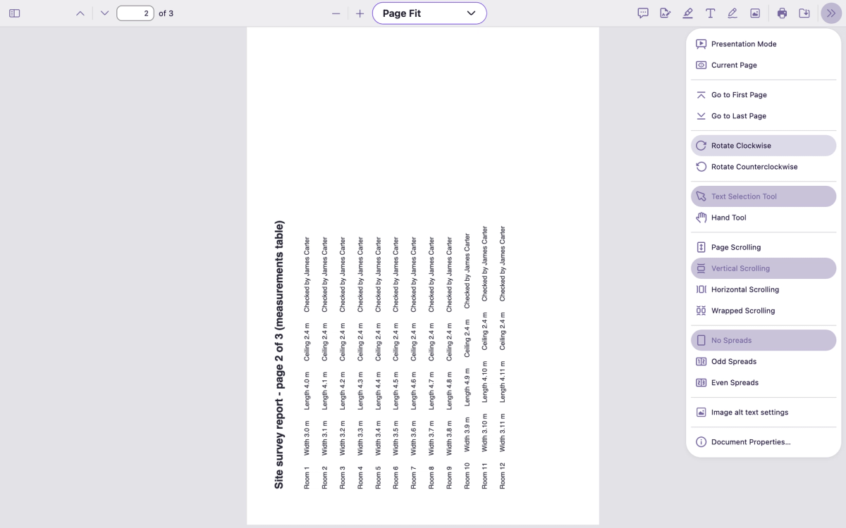 Firefox's PDF viewer with the Tools menu open, showing Rotate Clockwise and Rotate Counterclockwise, next to a page whose text runs sideways