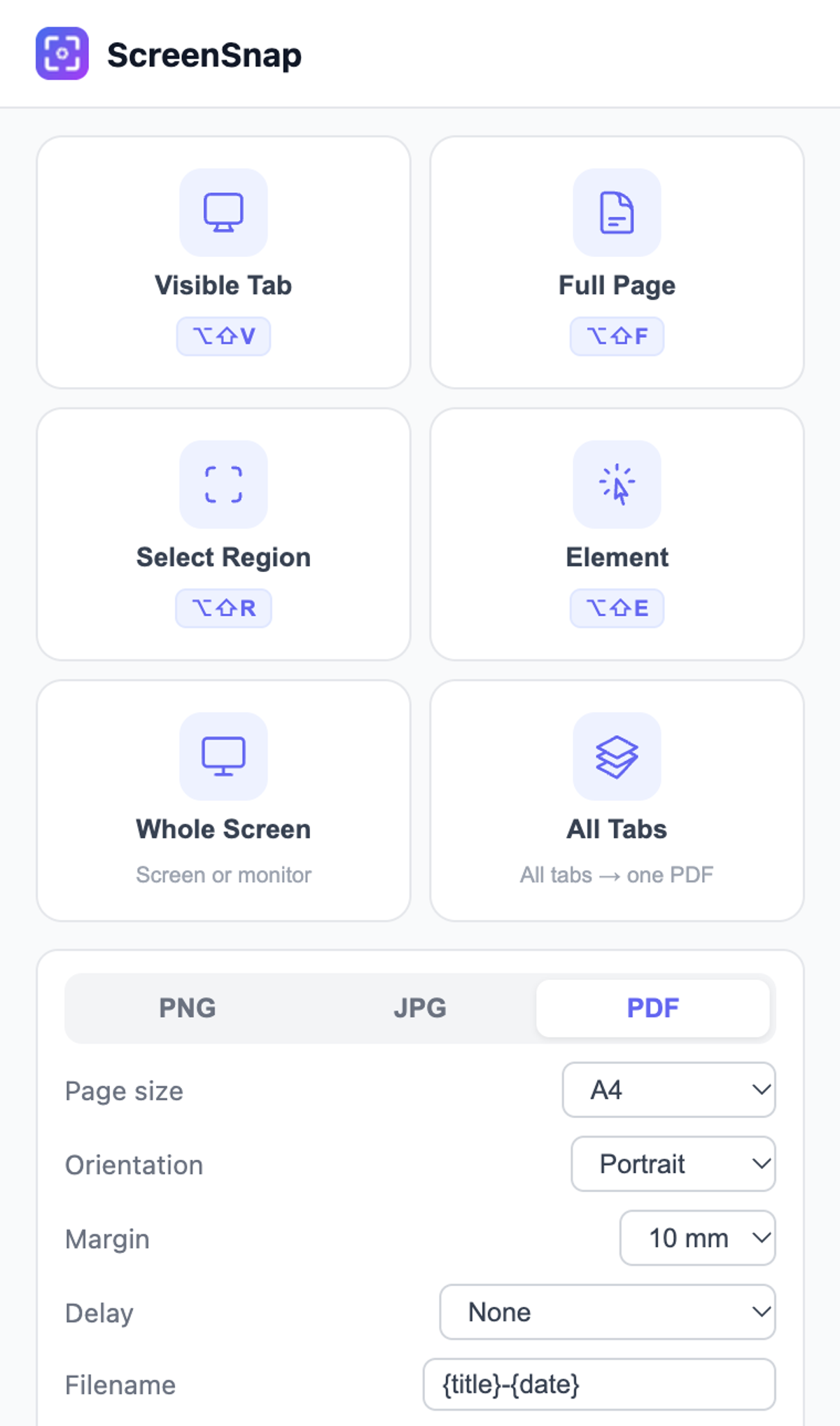 The ScreenSnap popup with six capture buttons and PDF selected, showing page size A4, portrait orientation, a 10 mm margin and a file name pattern