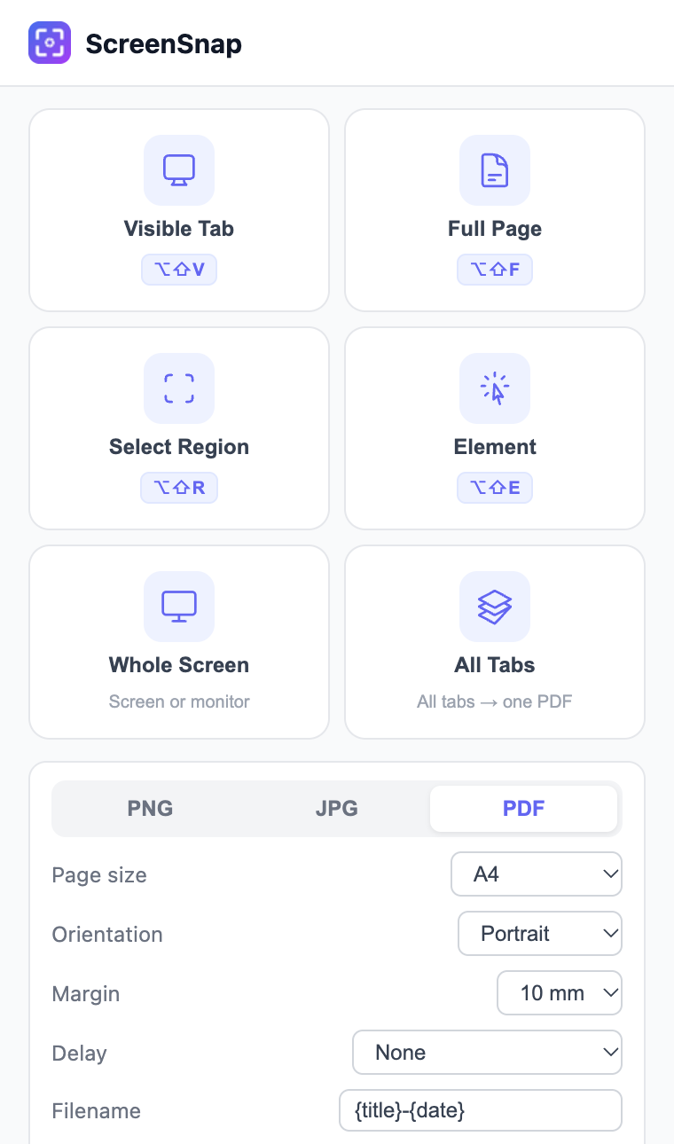 The ScreenSnap popup with six capture buttons and PDF selected, showing page size A4, portrait orientation, a 10 mm margin and a file name pattern