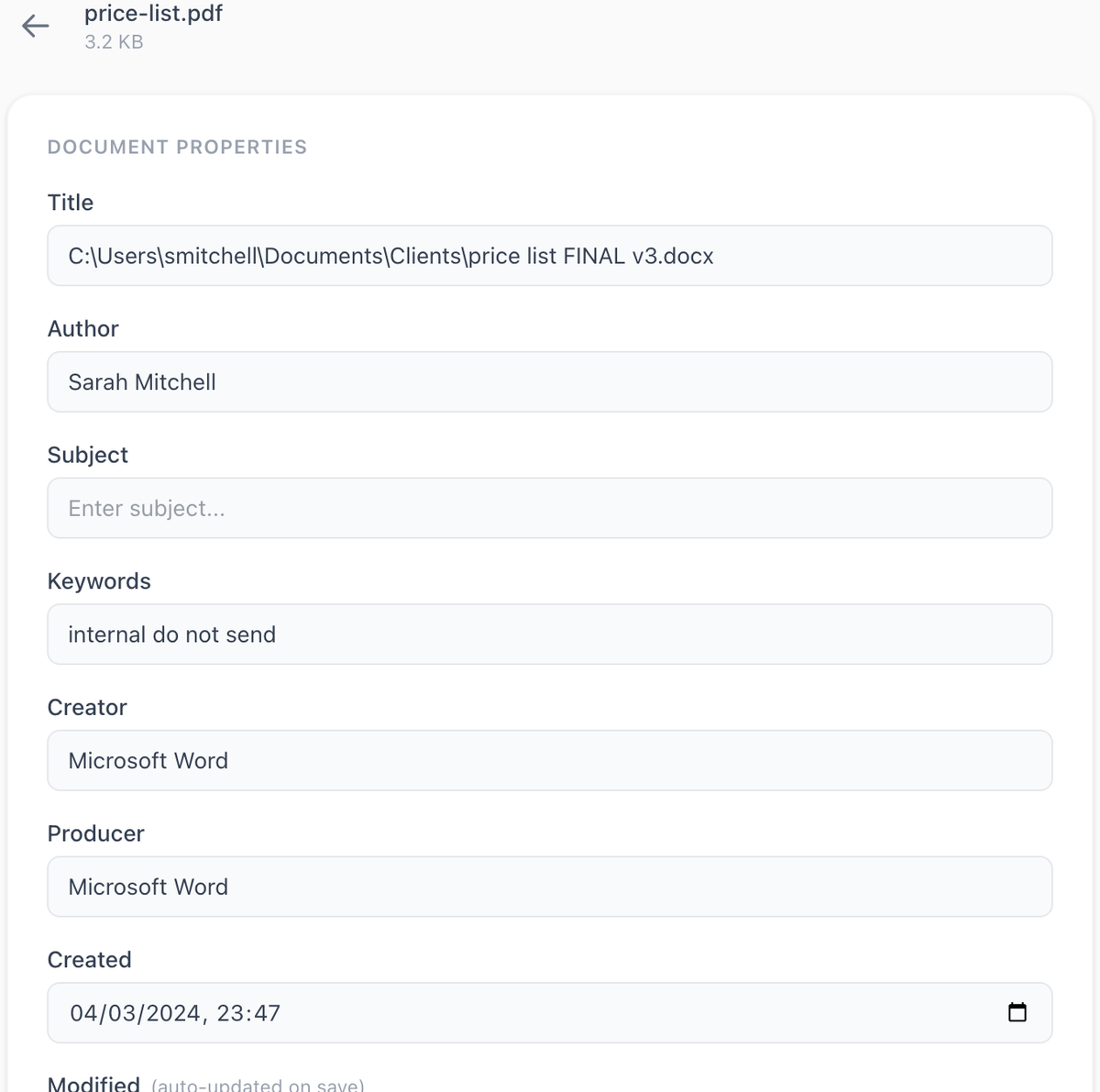 The Edit Metadata tool showing a PDF's document properties: the title is a full Windows folder path with the user name smitchell, the author is Sarah Mitchell, the keywords say internal do not send, the creator and producer are Microsoft Word, and the created date is 4 March 2024 at 23:47.