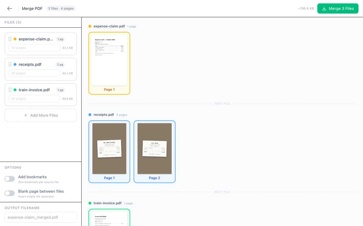 Merge PDF editor with three files listed (expense-claim.pdf, receipts.pdf, train-invoice.pdf), their page thumbnails, and the Add bookmarks and Blank page between files options
