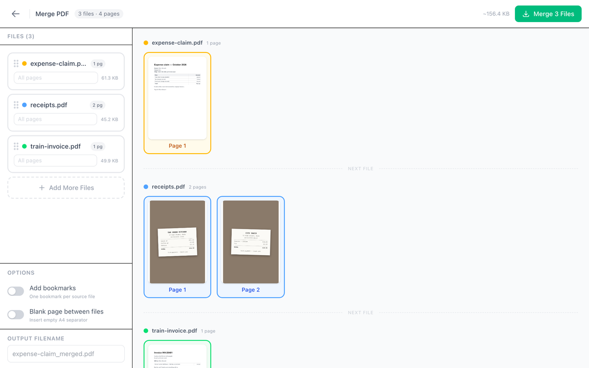 Merge PDF editor with three files listed (expense-claim.pdf, receipts.pdf, train-invoice.pdf), their page thumbnails, and the Add bookmarks and Blank page between files options
