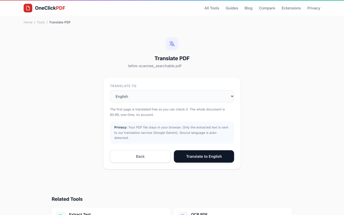 Translate PDF with a searchable PDF open, English chosen in the Translate to list, a note that the first page is translated free and the whole document is $0.99, and a privacy note about Google Gemini.