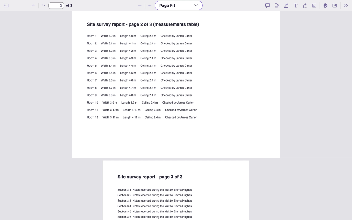 The rotated PDF open in Firefox's viewer, with page 2's measurements table now upright and readable, and page 3 below it