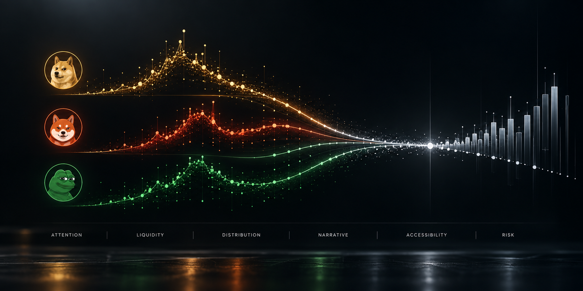 Editorial visualization comparing DOGE, SHIB and PEPE across attention, liquidity, distribution, narrative, accessibility and risk.