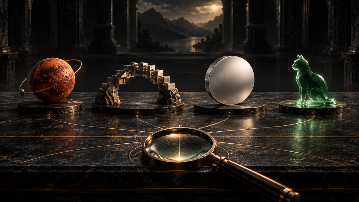 A rust-red sphere, an architectural bridge, a silver disc and a green glass cat sit on a dark table beneath a magnifying lens.