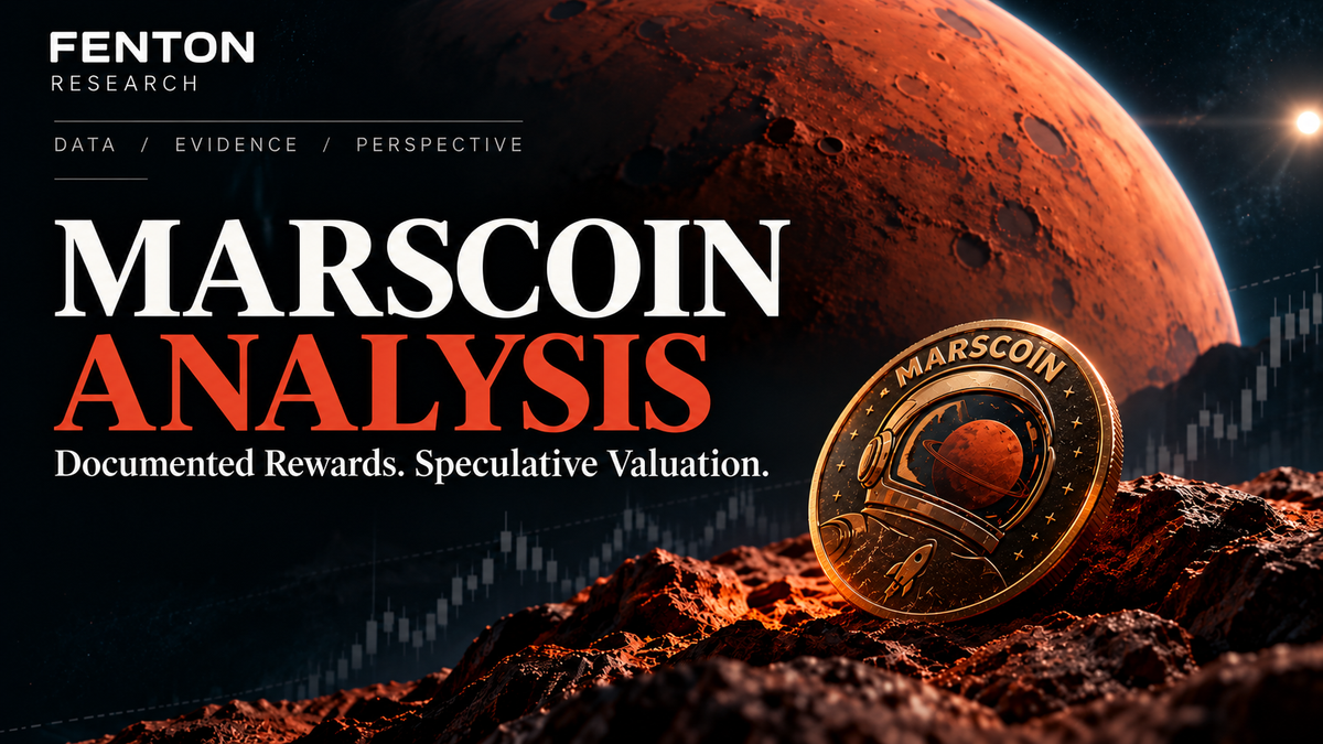 Fenton Research MarsCoin analysis cover: an illustrated MarsCoin on a rocky Martian landscape, with the words Documented Rewards. Speculative Valuation.