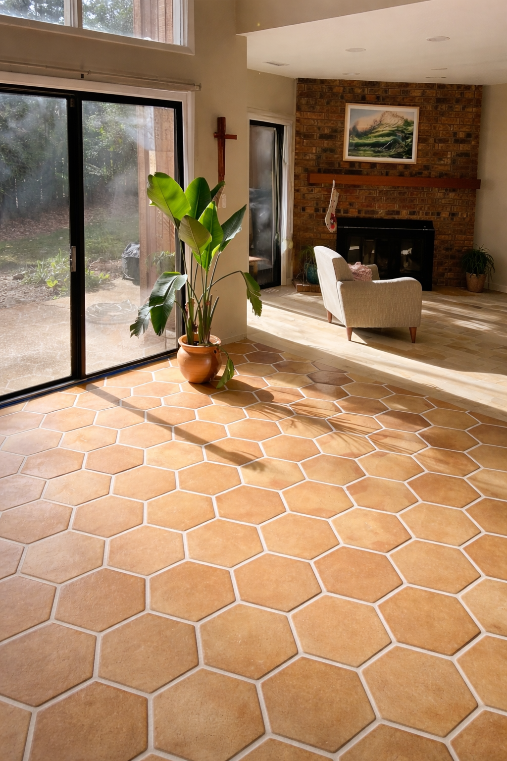 Hexagonal Clay Floor Tile Yellow Clay Hexagon Floor Tile Flexible Brick Tile & Exposed Terracotta Panel - UrbanClay India