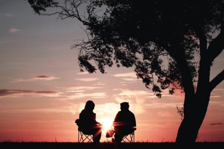 Two people having a conversation under a tree at sunset
