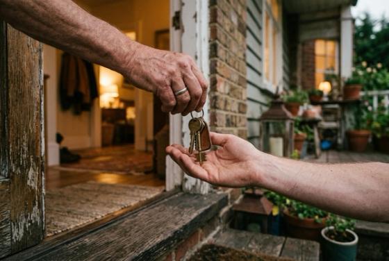 One person handing a set of house keys to another on the doorstep of a warmly lit home
