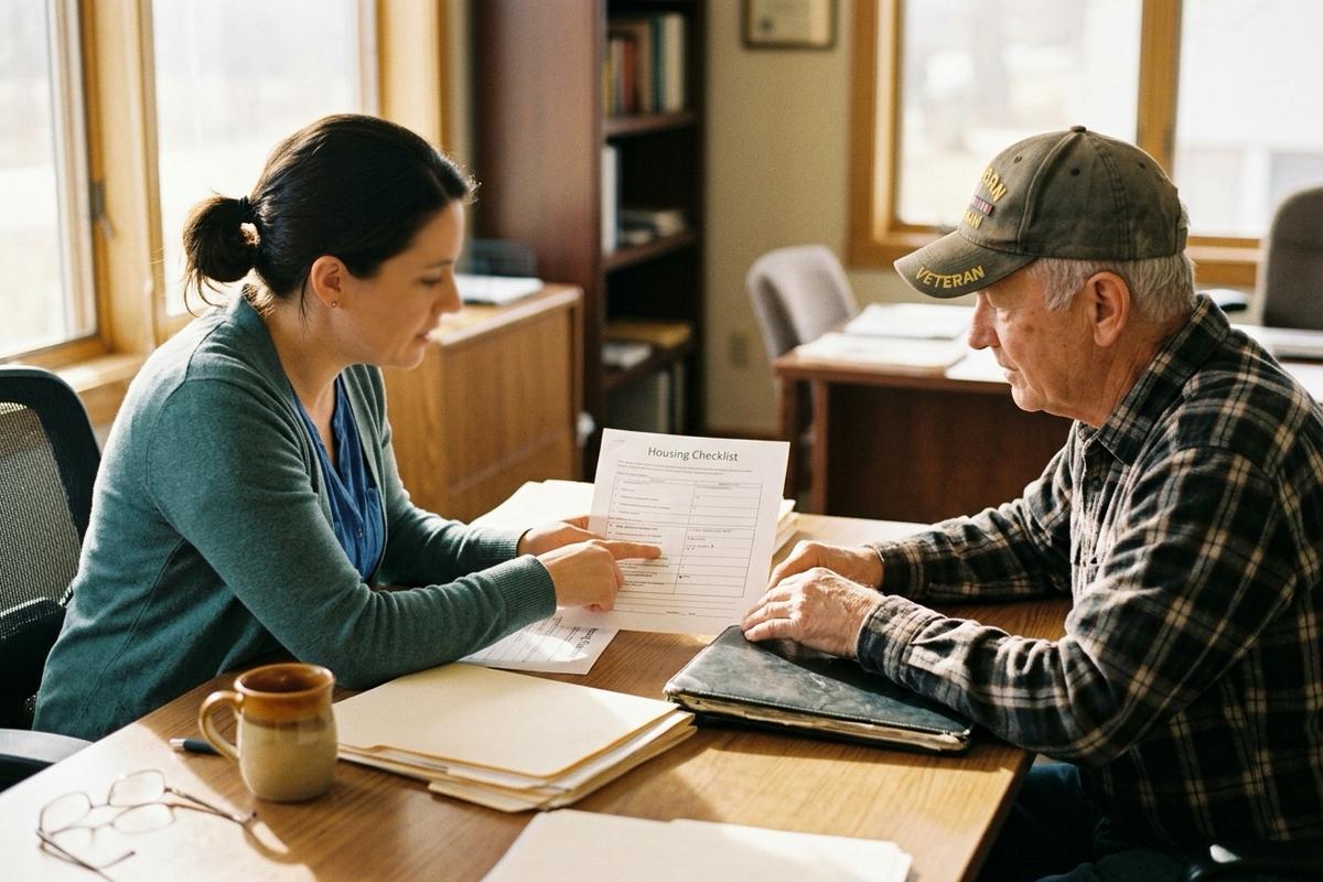 A VTC case manager reviewing a housing plan with a Veteran