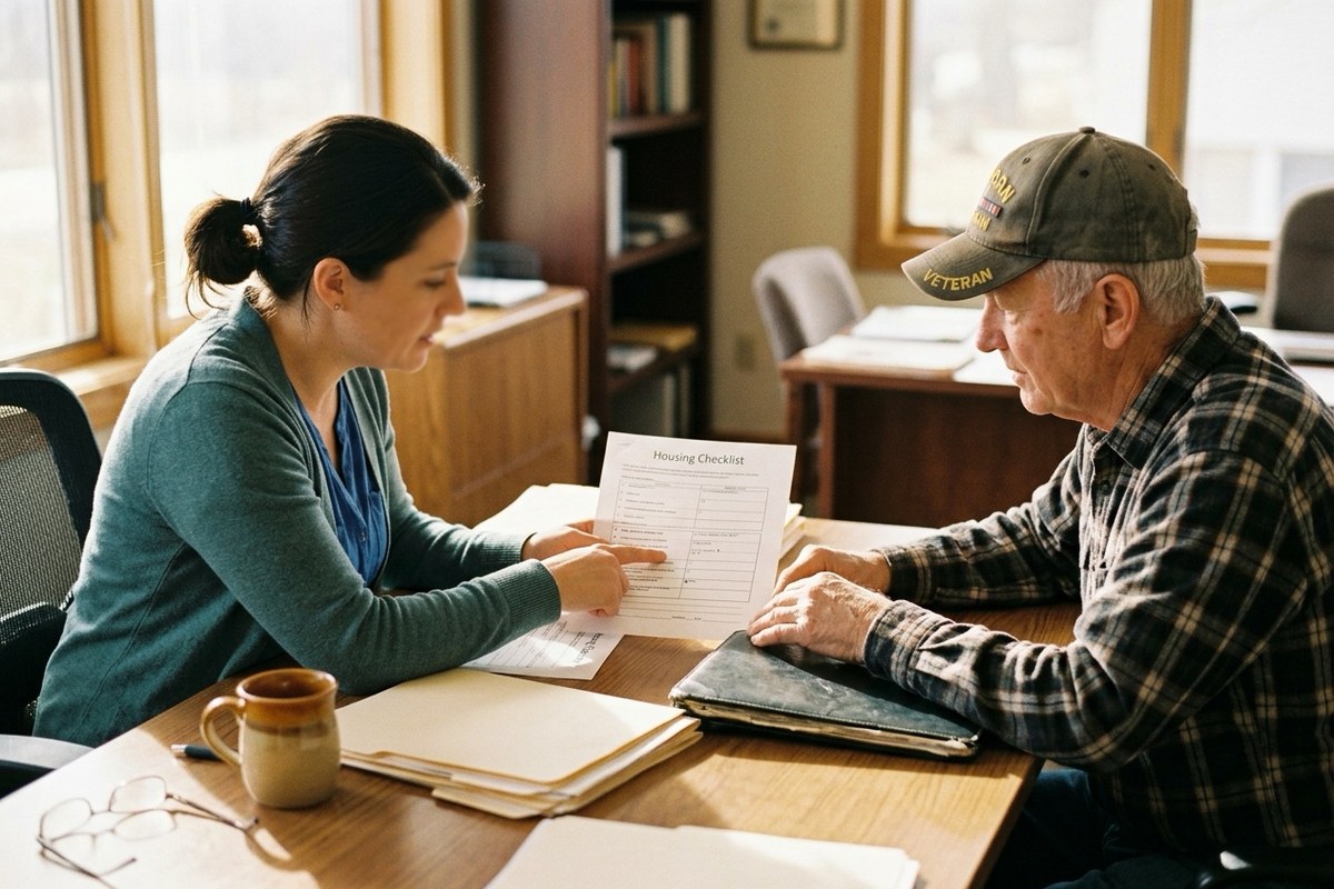 A VTC case manager reviewing a housing plan with a Veteran