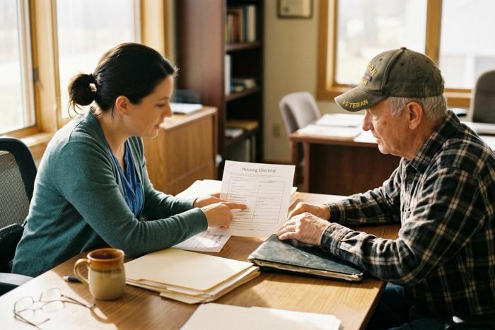 A VTC case manager walking a Veteran through paperwork at a desk
