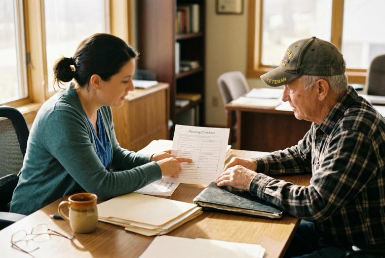 A VTC case manager walking a Veteran through paperwork at a desk