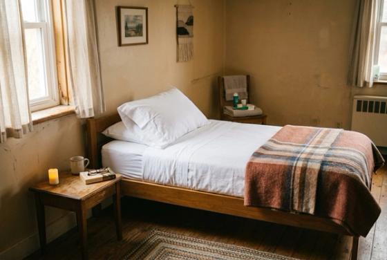 A neatly made single bed with clean white linens and a folded blanket in a modest, sunlit room