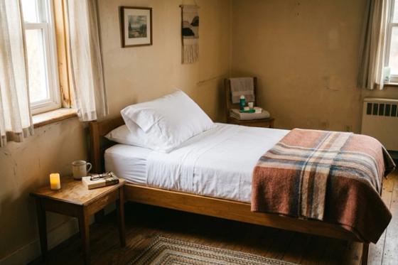 A neatly made single bed with clean white linens and a folded blanket in a modest, sunlit room