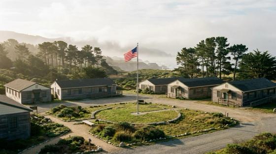 Weathered wooden housing buildings around a flagpole flying the American flag at the VTC campus on historic Fort Ord