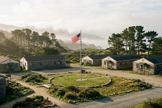 Weathered wooden housing buildings around a flagpole flying the American flag at the VTC campus on historic Fort Ord