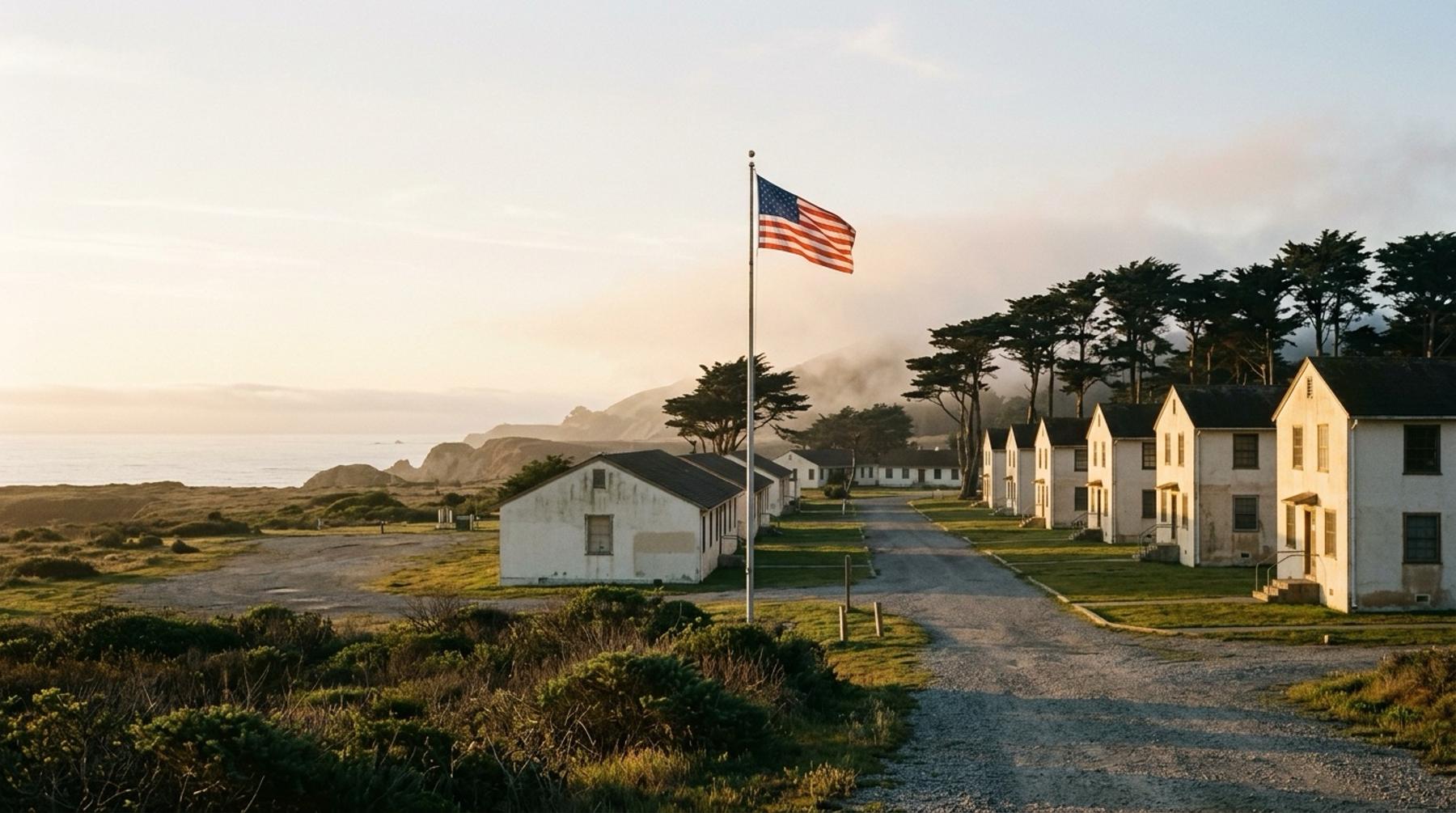 Morning light over the historic barracks of the Fort Ord campus, an American flag flying