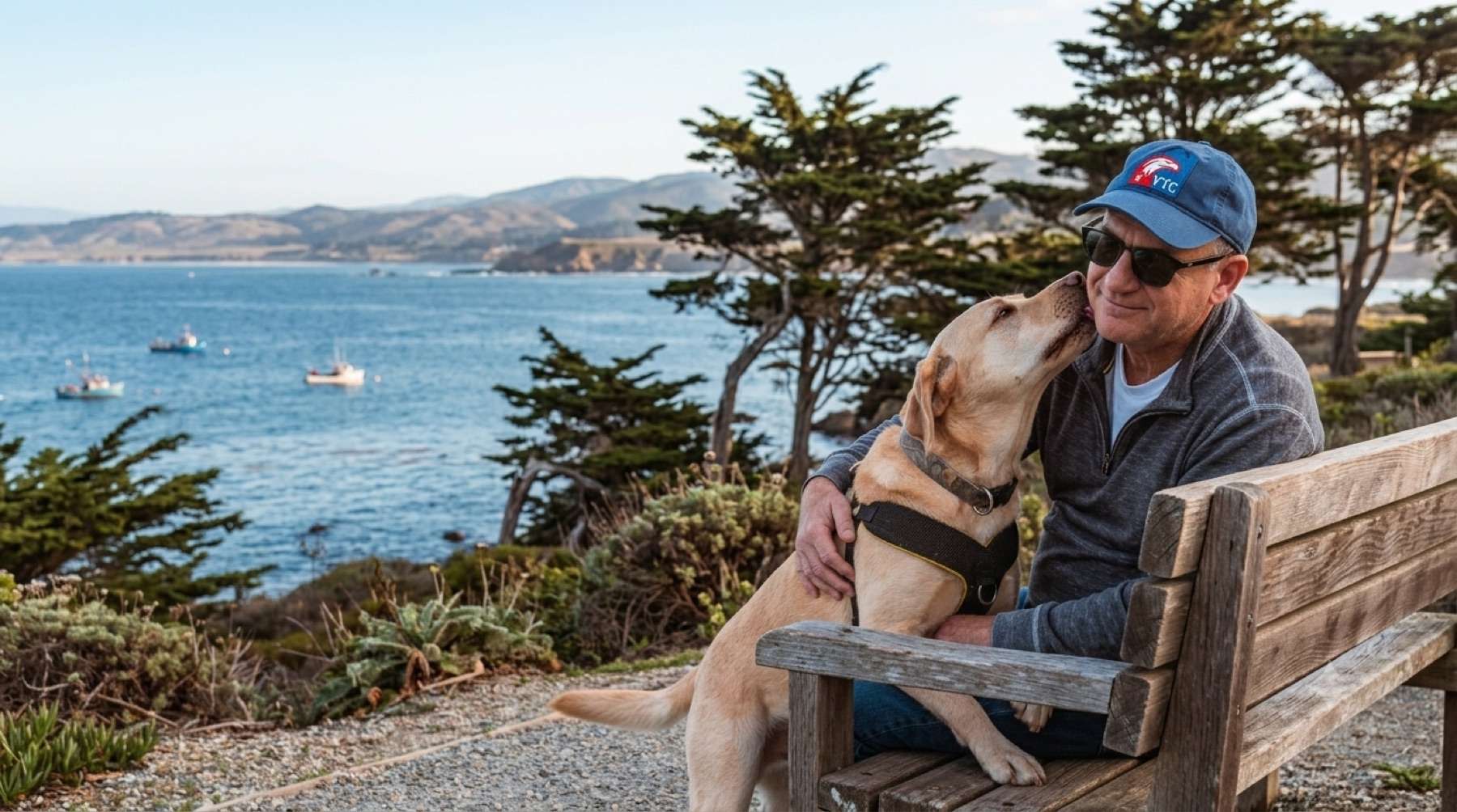 A Veteran and his dog on a bench overlooking the Monterey coast