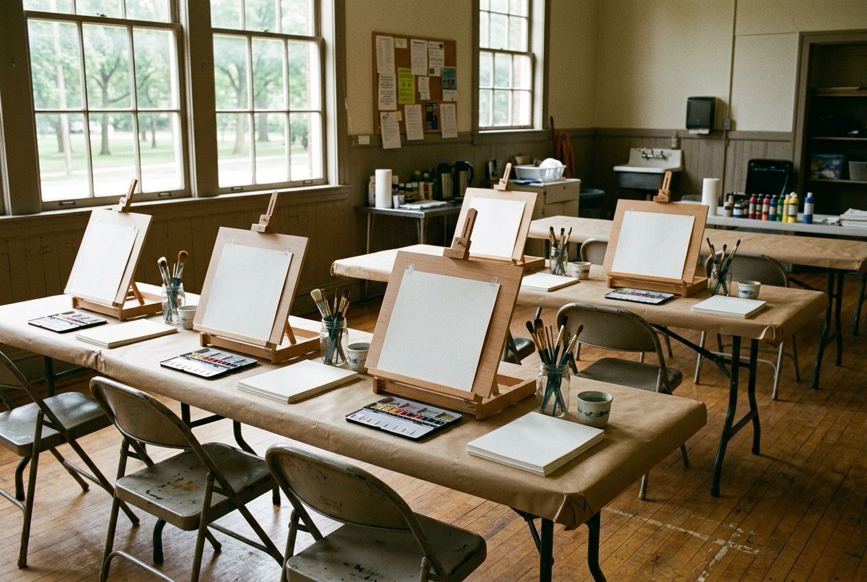 Easels and paint supplies set up for class in Martinez Hall