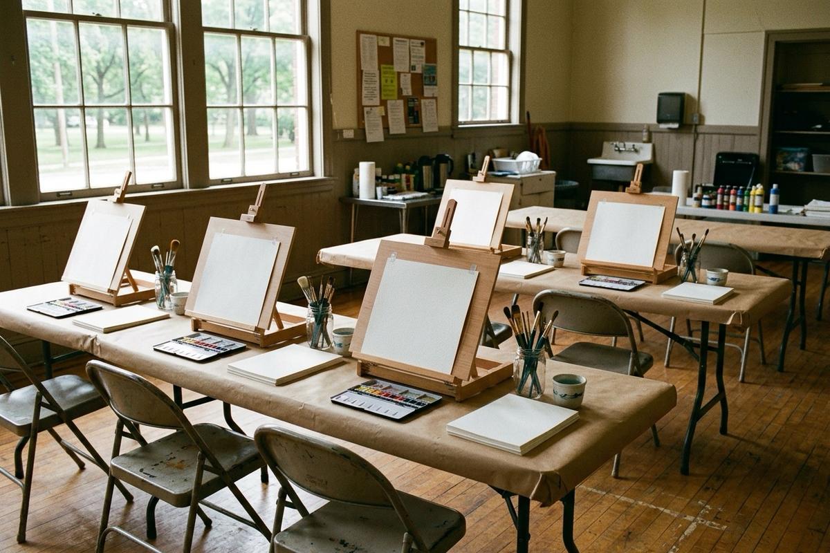 Easels and paint supplies set up for class in Martinez Hall
