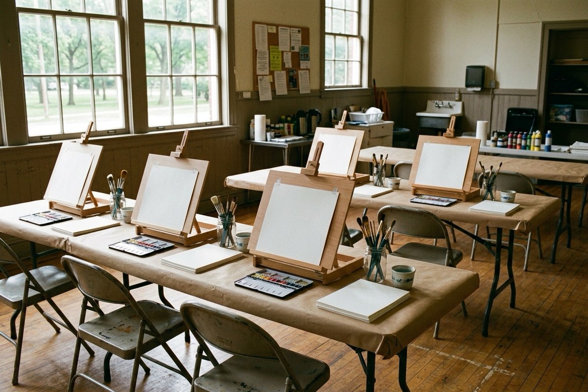 Easels and paint supplies set up for class in Martinez Hall