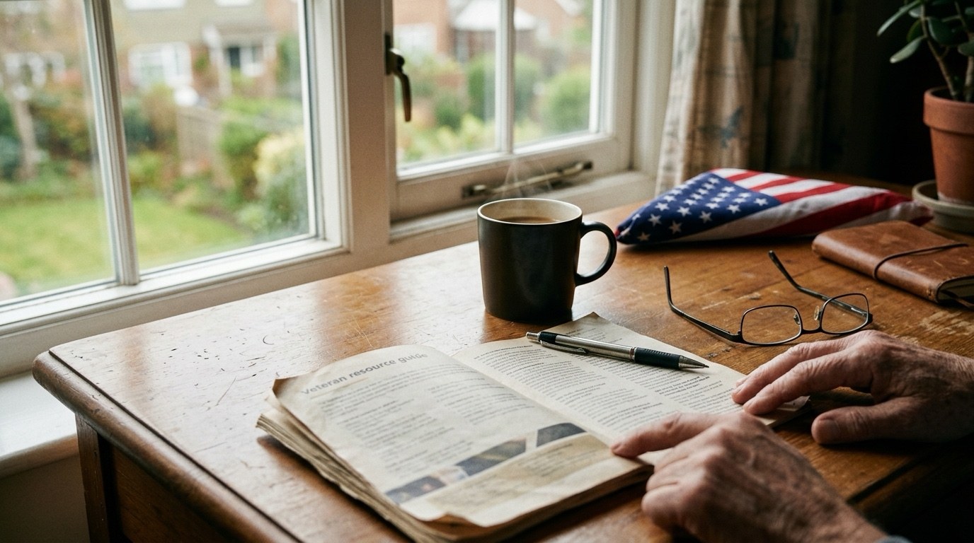 An open veteran resource guide, a mug of coffee, reading glasses, and a folded American flag on a sunlit wooden table