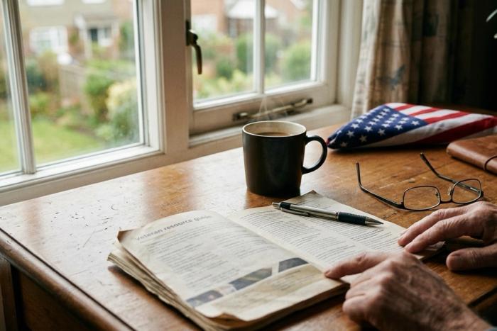 An open veteran resource guide, a mug of coffee, reading glasses, and a folded American flag on a sunlit wooden table