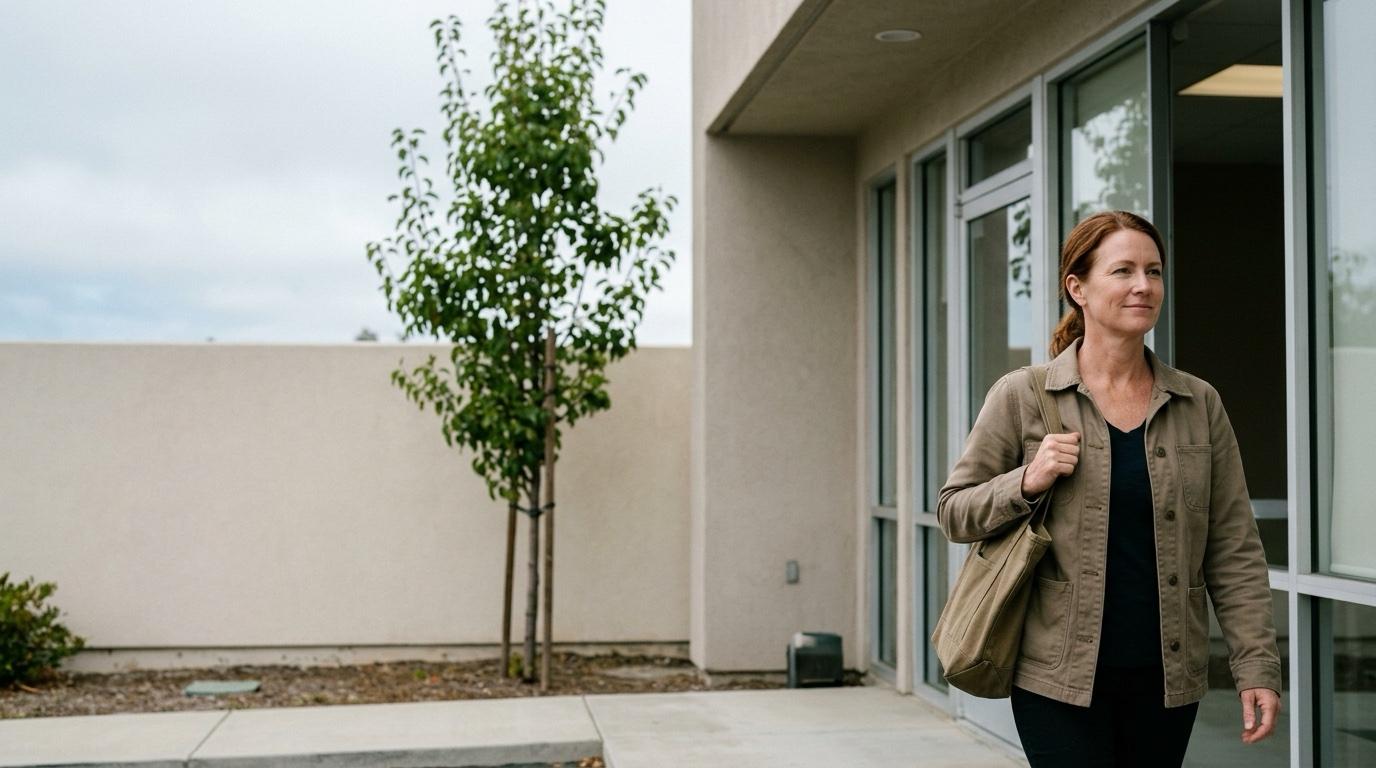 A Veteran with a canvas work bag walks out of an office building, smiling as she looks ahead