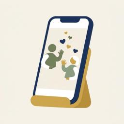 Illustration of a video call with two friendly figures waving to each other