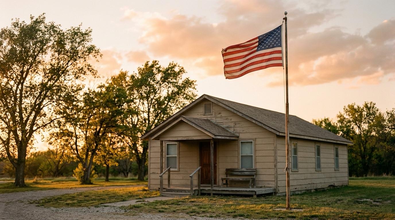 An American flag flying outside a modest community building at golden hour