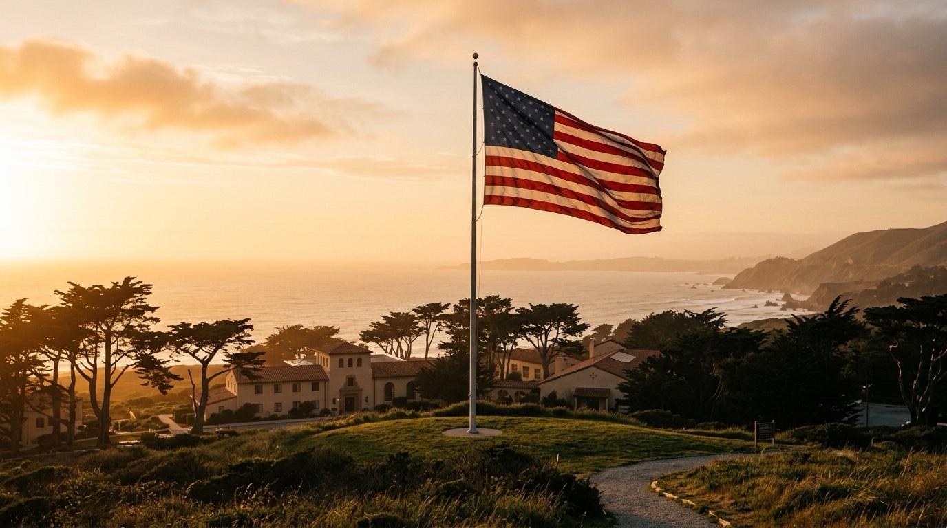 An American flag flying at golden hour above the coastline near the VTC campus