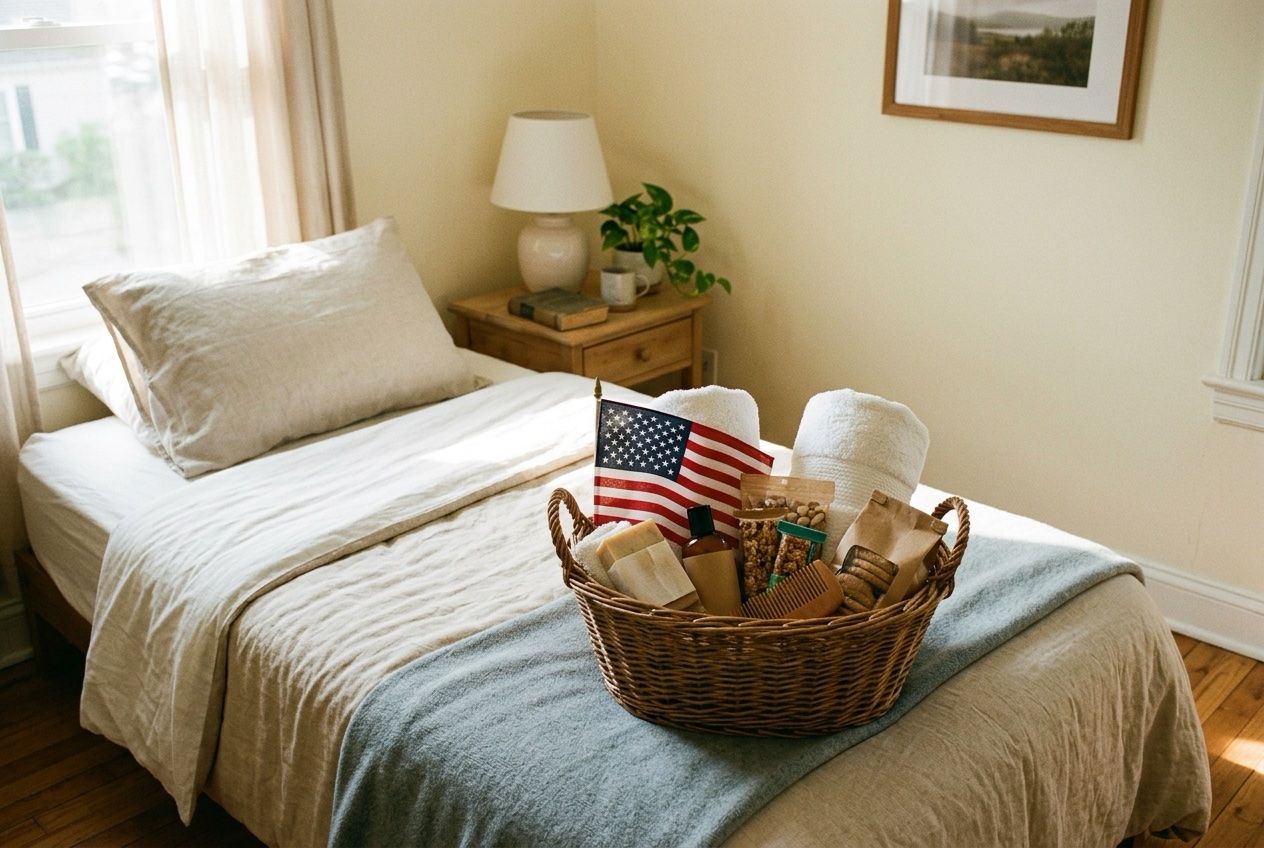 A welcome basket with towels, toiletries, and a small American flag on a made bed