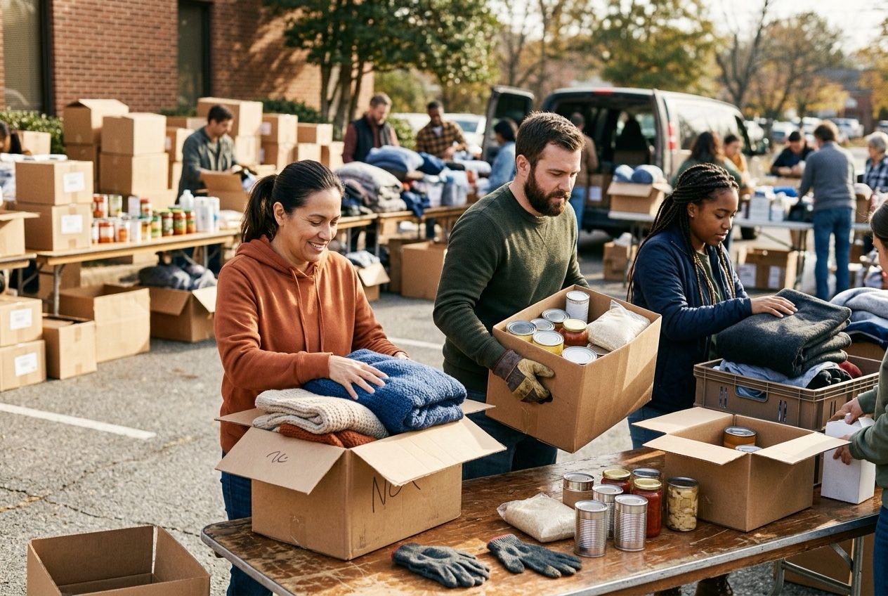 Volunteers sorting donated food, blankets, and household goods at an outdoor donation drive