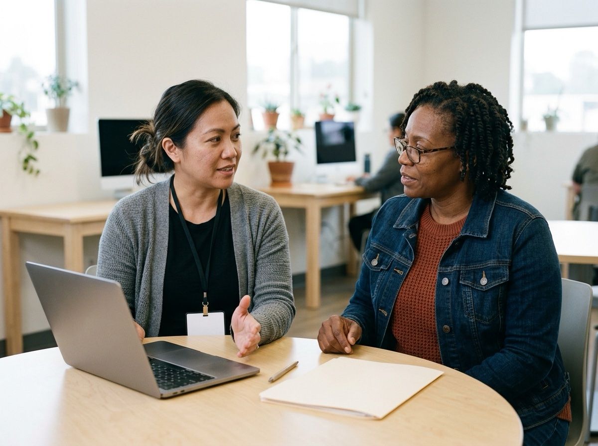 A navigator and a Veteran sit together at a table with a laptop and a folder, talking through her goals