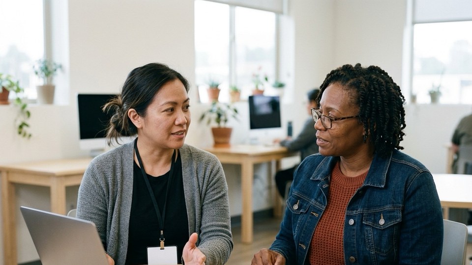 A staff member and a Veteran talk through her goals at a table with a laptop