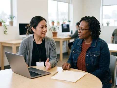 A navigator and a Veteran sit together at a table with a laptop and a folder, talking through her goals