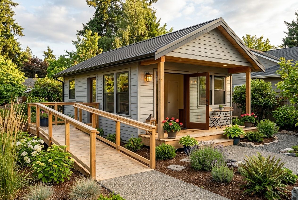 A small accessible dwelling unit with a wheelchair ramp and wide doorway